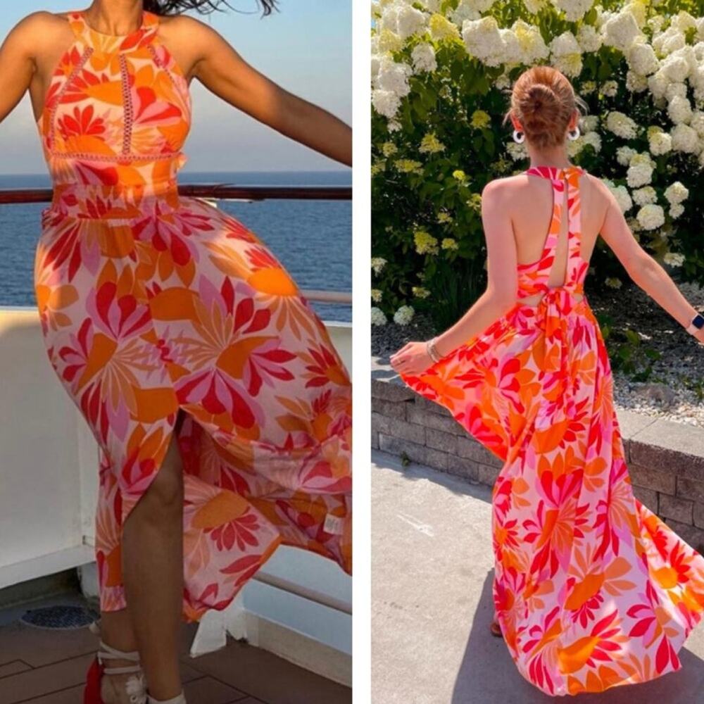 Abel the Label NWT Anthropologie Rumi Maxi Dress halter tropical pink orange XS